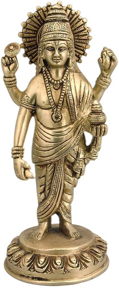 Lord Dhanvantari Brass Statue/Physician of The Gods Lord Dhanvantari 8" (99320) Traditional Hindu Deity Sculpture, Antique Gold Finish, Religious Home Decor