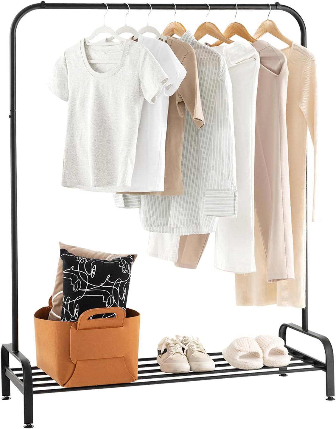 COSTWAY Clothes Rack with Clothes Rail and Storage Compartment, Metal Coat Stand with Adjustable Feet, Freestanding, 112 x 42 x 145 cm