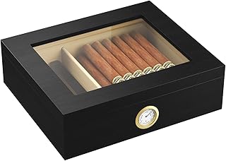 Handmade Wooden Cigar Humidor Desktop,20-30 Counts Capacity,Travel Glass Top Cigar Box Portable with Mechanical Hygrometer,Humidifiers and Divider,Suitable for Home,Office and Bar,Black