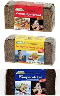 Mestemacher Natural High Fiber Bread 3 Flavor Variety Bundle: (1) Whole Rye, (1) Pumpernickel, and (1) Sunflower Seed, 17.6 Oz. Ea. (3 Total)