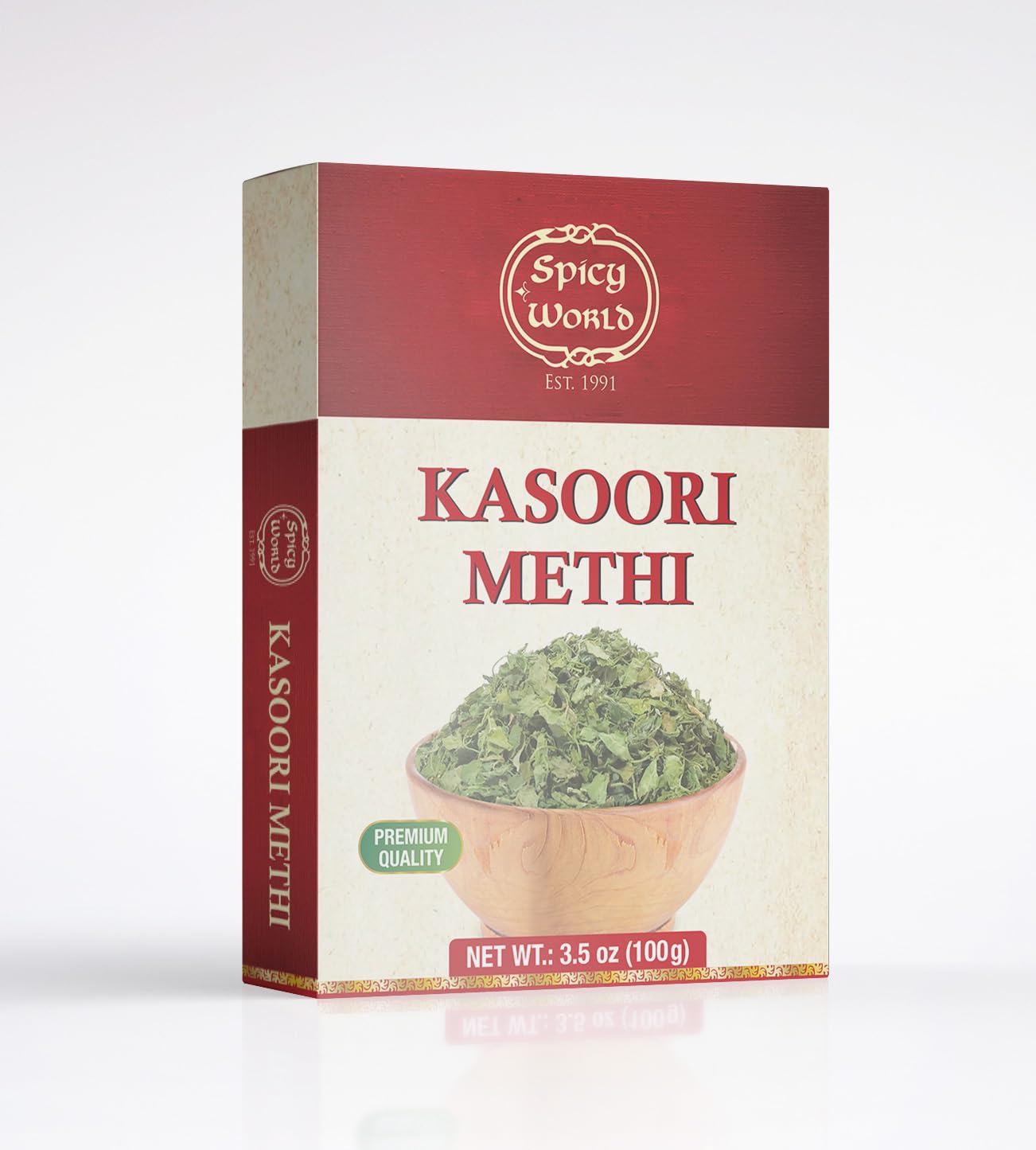 Spicy World Dried Fenugreek Leaves (Kasoori Methi) 3.5oz Box (100g) - All Natural | Vegan | Gluten Friendly | NON-GMO | Indian