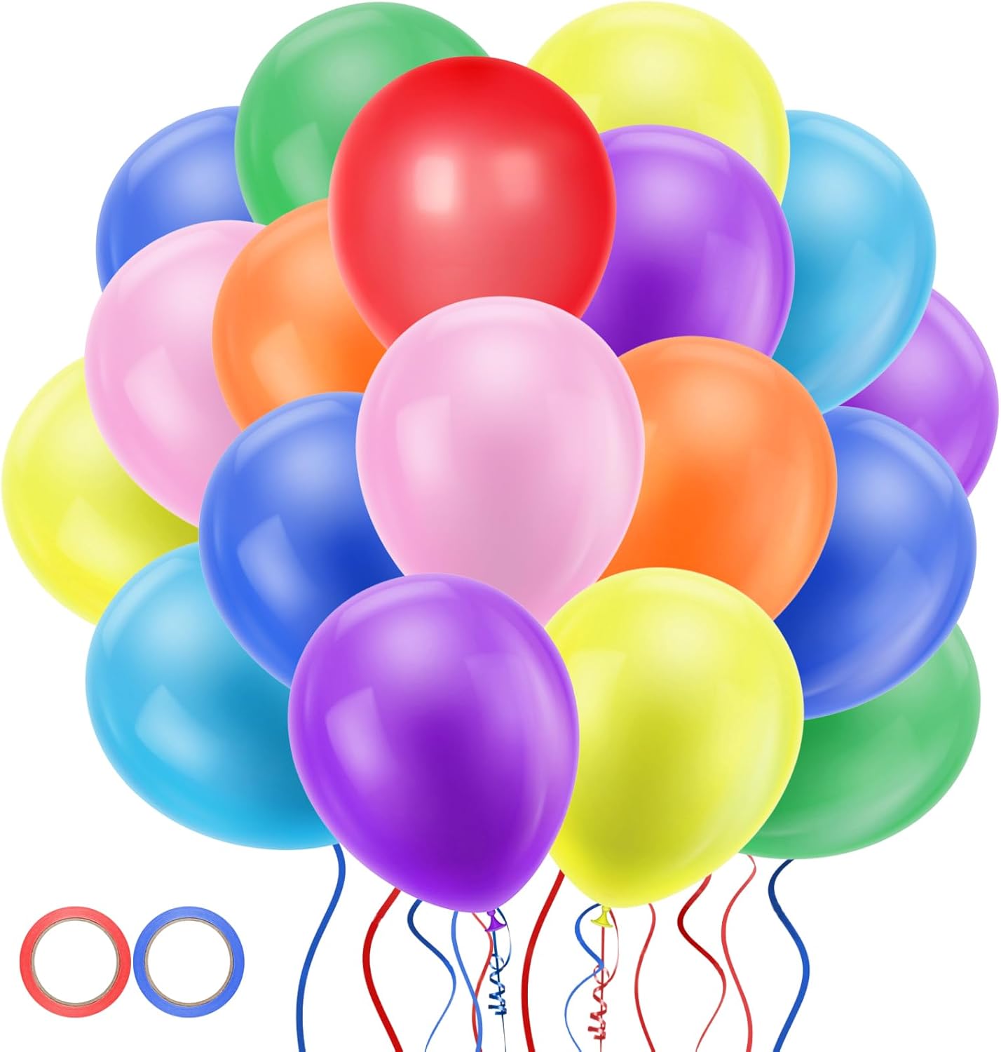 Jsdoin 12 Inch 100 Packs Rainbow Party Balloons, Assorted Multicoloured Latex Balloons with 2 Rolls of Ribbon for Birthday Party Wedding Baby Shower