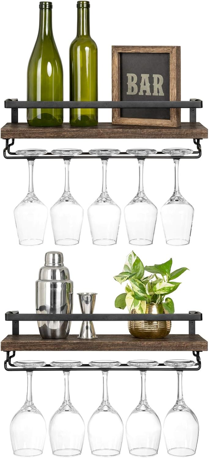 Mkono Wall Mounted Wine Shelves Set of 2 Wood Rustic Wine Bottle Glass Floating Racks with Stemware Hanger Modern Plants Photos Display Storage Holder for Kitchen Dining Room Bar