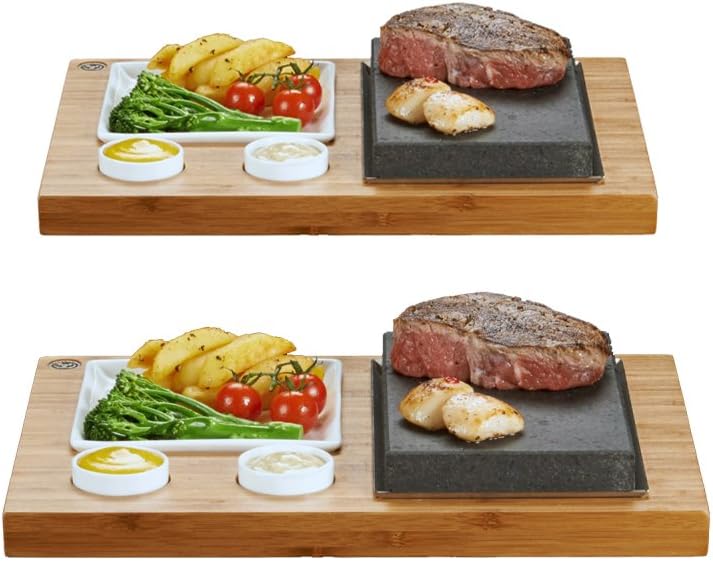 The SteakStones Steak, Sides and Sauces Set, an Official SteakStones Hot Stone Cooking Product. A fun, interactive way to enjoy Steak on the Stone using Lava as seen on Dragons Den, Set of 2