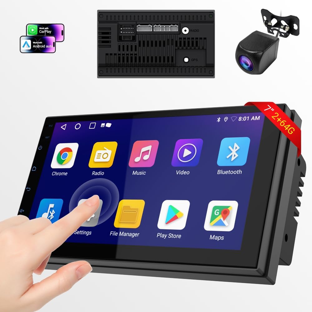 Car Accessories 7" HD Double Din Car Stereo with Carplay & Android Auto, 2+64G Car Audio Receivers Featuring Voice Control, Backup Camera,Bluetooth, GPS Navigation, Built-in 14Band DSP EQ