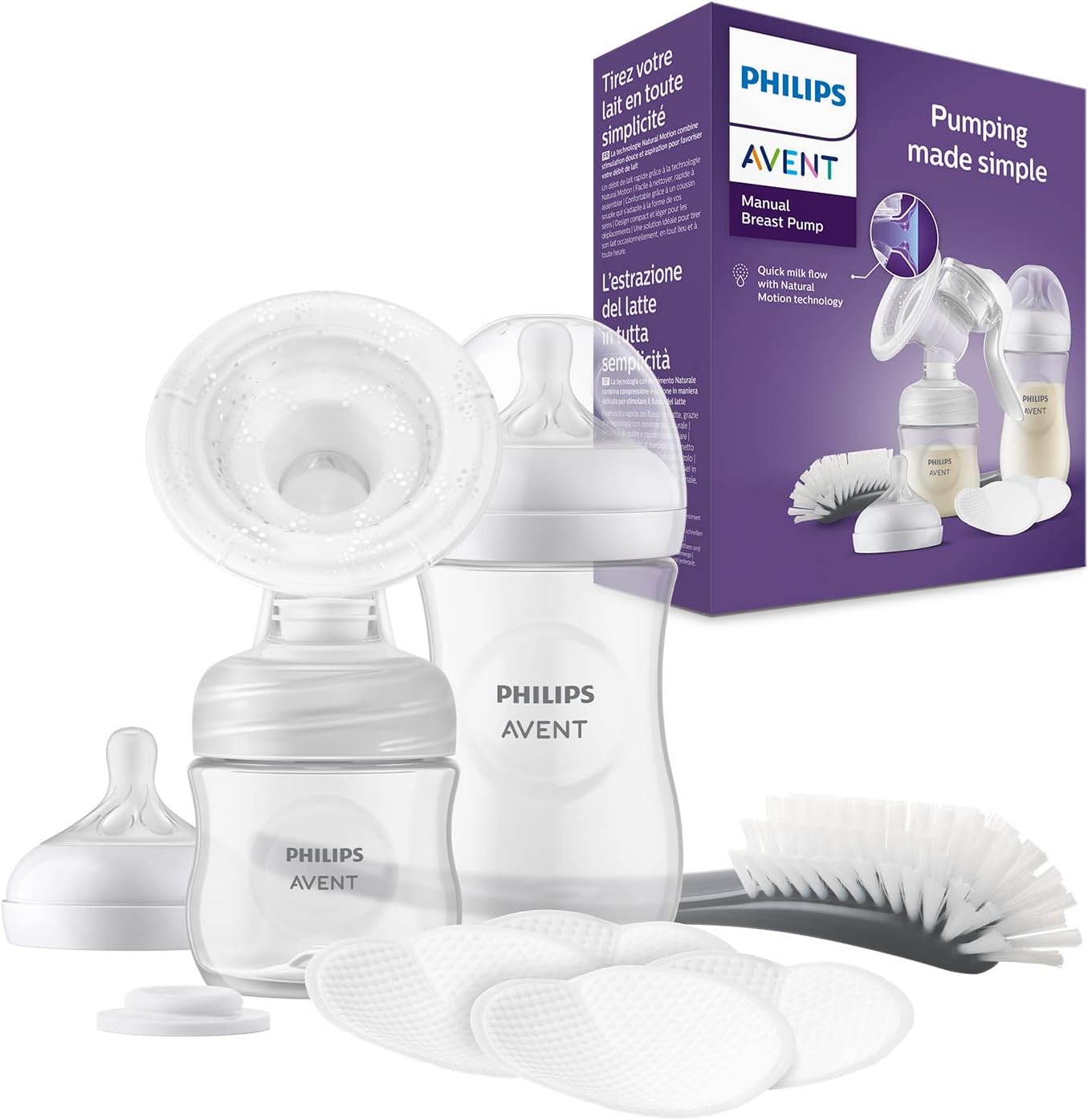 Philips Avent Manual Breast Pump Gift Set - Single Breast Pump, 260ml and 125ml Baby Bottles, BPA Free, 4 Disposable Breast Pads (Model SCD430/60)