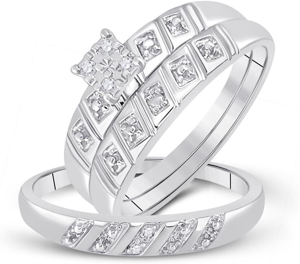 His and Hers Bridal Womens and Mens Engagment and Wedding Band Complete Trio Matching Wedding Rings Set 10K White Gold Round Diamond Cluster 1/12 Cttw