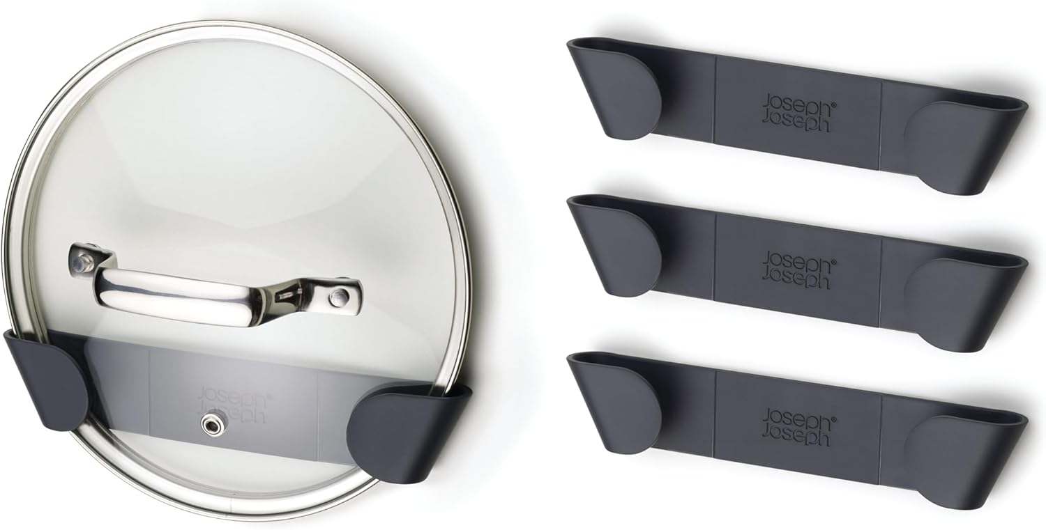 Joseph Joseph Cupboard Store - Set of 4 Pot and Pan Lid Holders Self Adhesive Wall Mount Storage Organiser, Suitable for Lids from 16 cm to 24 cm, 3M VHB Tape Included, Grey