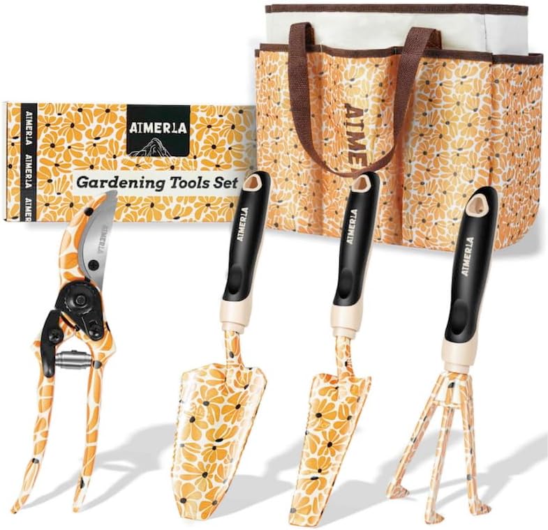 Aimerla Gardening Tool Set of 5 Heavy Duty Aluminum Garden Tools with Non-Slip Rubber Grip, Fashion Garden Bag, Durable Hand Tools for Garden, Weeding, Gardening Gifts for Women,Men - Daisy