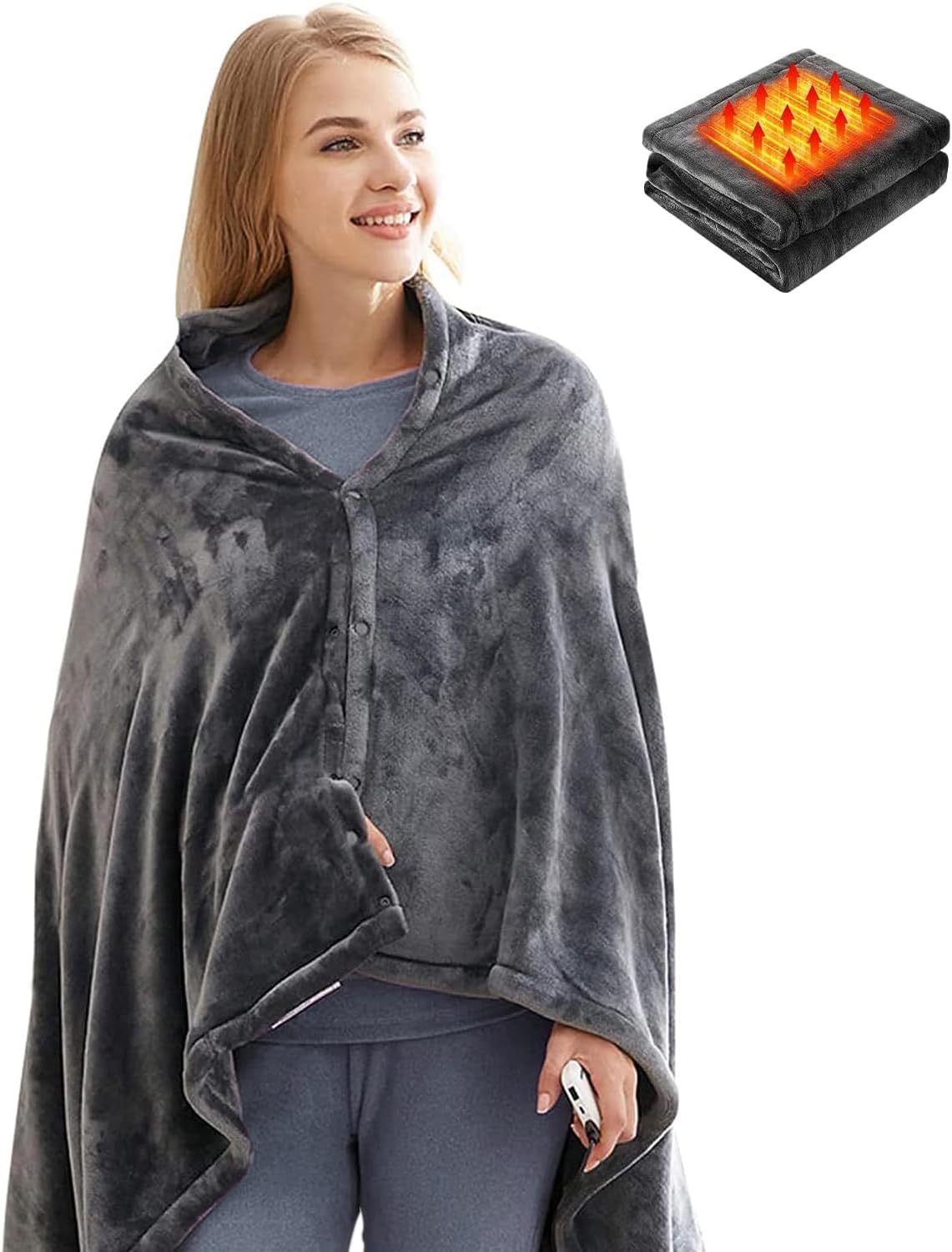 REWIAR USB Heated Shawl Blanket 3 Settings Wearable Throw with Buttons, Soft and Cozy, Machine Washable, 150 x 85cm