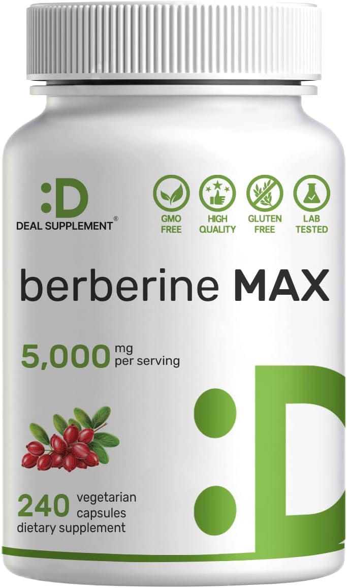 DEAL SUPPLEMENT Berberine Max Supplement with Turmeric, 5,000mg Per Serving, 240 Veggie Capsules – 97% Pure Berberine HCL – 25:1 Root Extract – Vegetarian Friendly, Non-GMO
