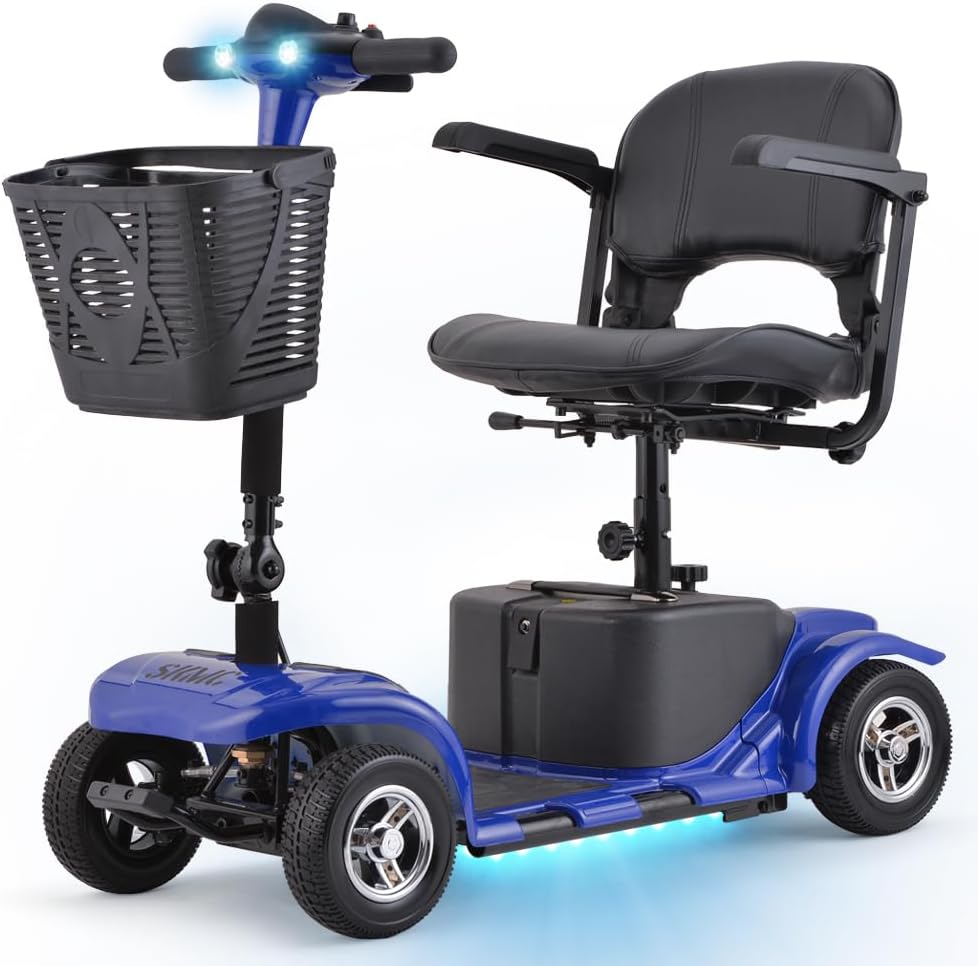 Mobility Scooter for Adults, Senior, Skmc 4 Wheels Electric Powered Chargeable Device for Travel, Lightweight and Portable, with LED Headlights and Basket, Charger Included