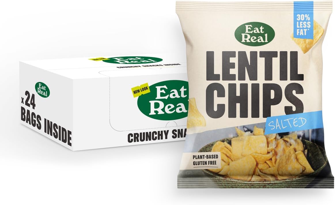 Eat Real, Lentil Chips, Salted, 24 x 18g, Gluten-Free Crisps Multipack, Vegan-Friendly, Healthy Snacks, 30% Less Fat