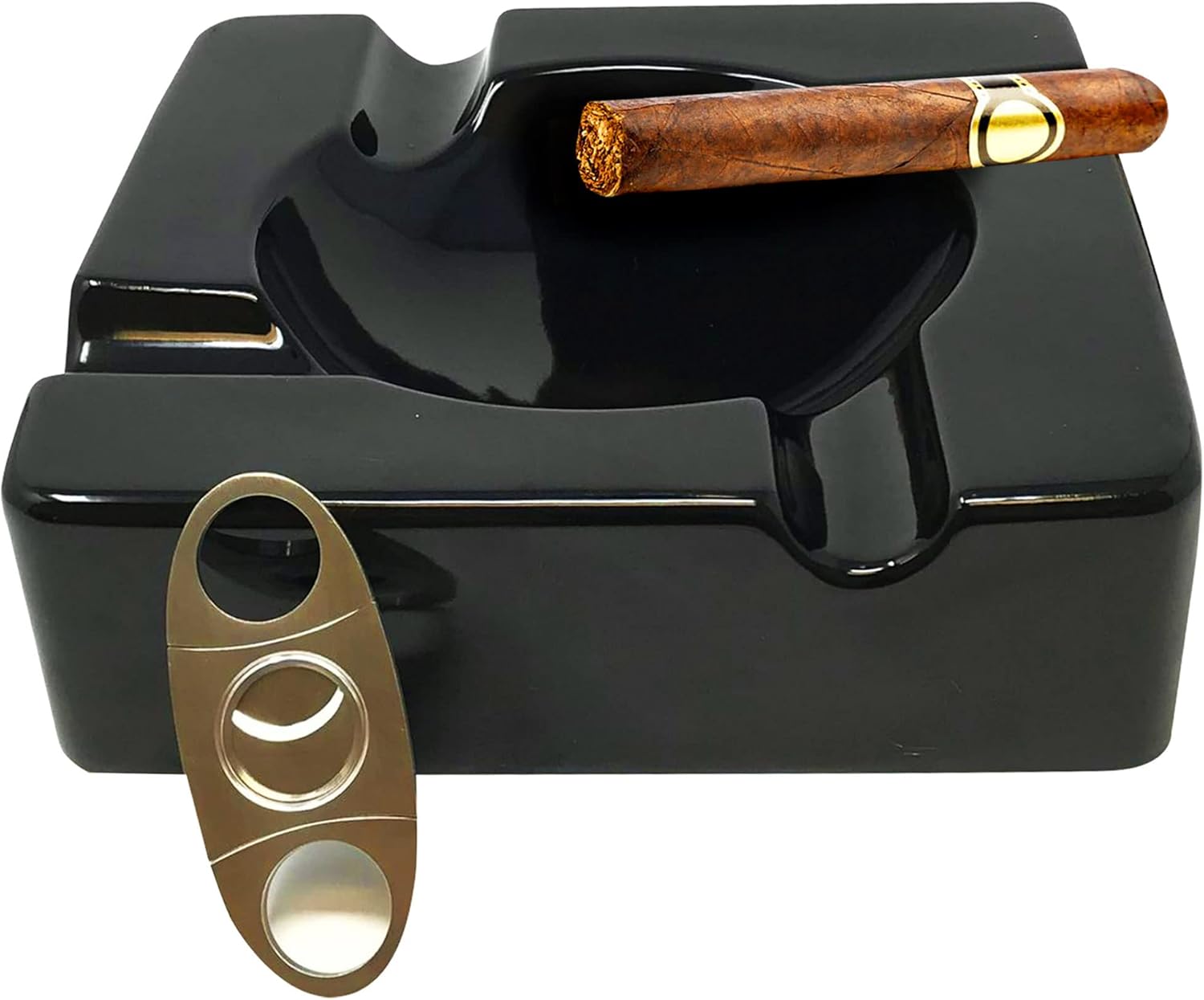 Large Cigar Ashtray Outdoor Ash Tray – 8.5 inch Big Ceramic Ashtrays Black Glossy Cigar for Indoor, Outdoor, Table, Patio, Home, Office Use – Cigar Accessories Luxury Gift Set for Men and Women