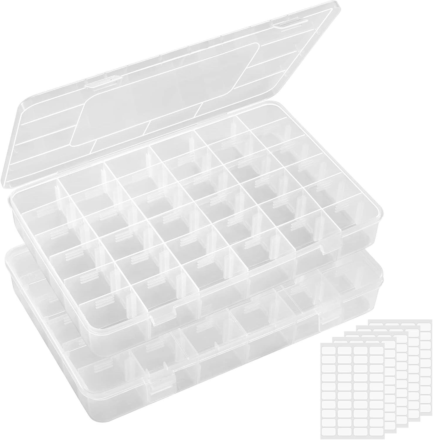 Lifewit 2 Pack 36 Grids Organiser Storage Box, Fishing Tackle Box, Clear Stackable Plastic Container with Adjustable Dividers for Beads, Art DIY, Crafts, Jewelry, with 5 Sheet Label Stickers