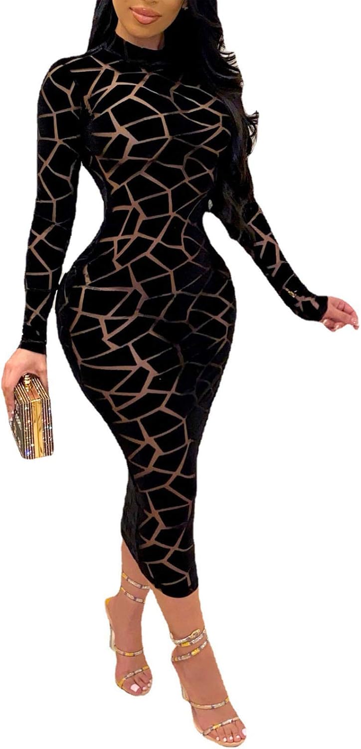 Uni Clau Women Sexy Sheer Mesh Boydcon Midi Dress See Through Printed Long Sleeve Midi Skinny Clubwear Party Dress