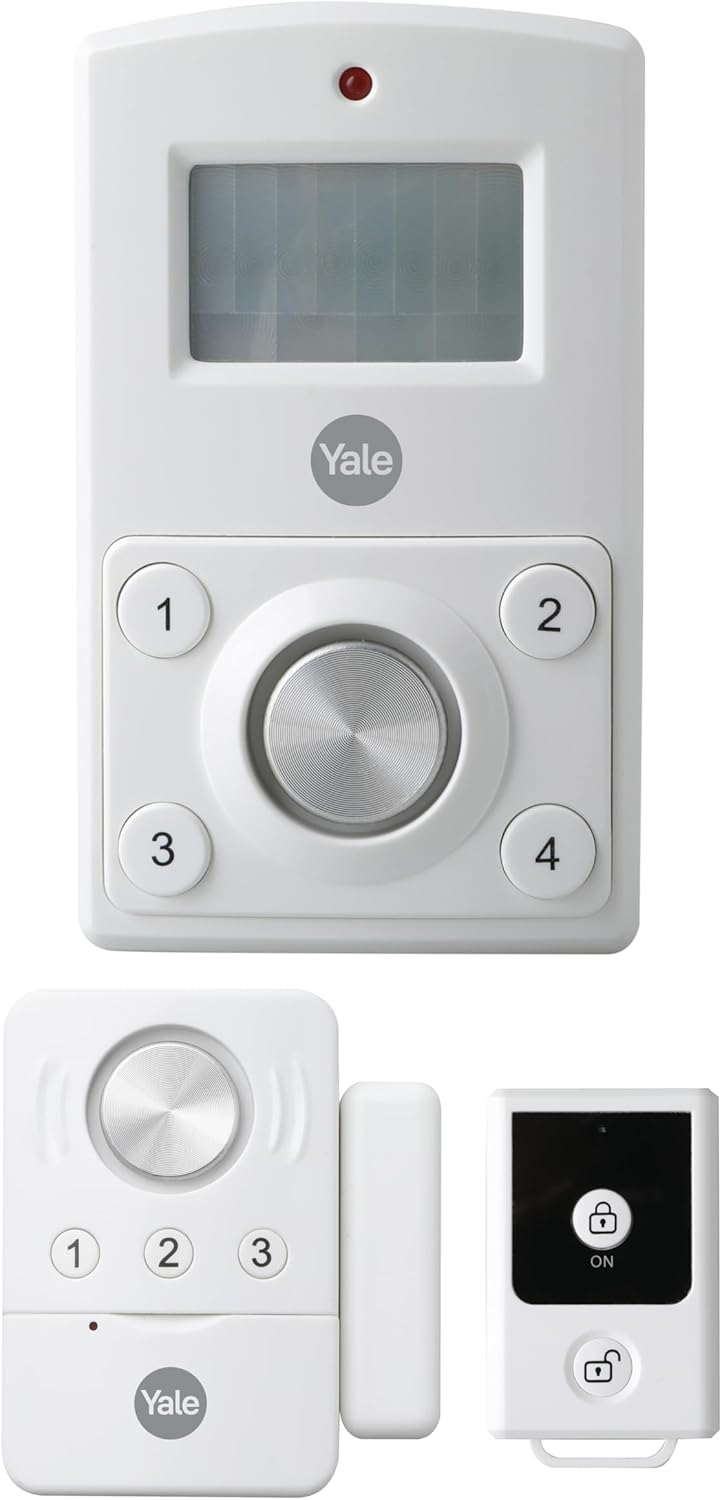 Yale Mini Wireless Alarm Kit - 130 dB siren, Motion Detector, 4 digit PIN Code, Door Contact, Key Fob with 70 m range, Battery Powered