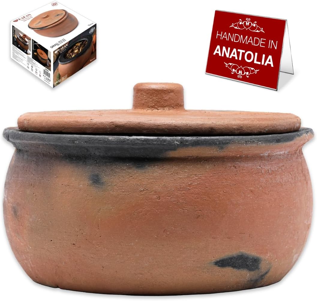 Hakan Efes Clay Pot with Cover, JUMBO 5.7 Quarts Clay Pot for Cooking, Unglazed Twice Baked Terracotta Traditional Moroccan Roaster Casserole for Stovetop, Earthenware with Lid, 182.6 oz (5.4 L)