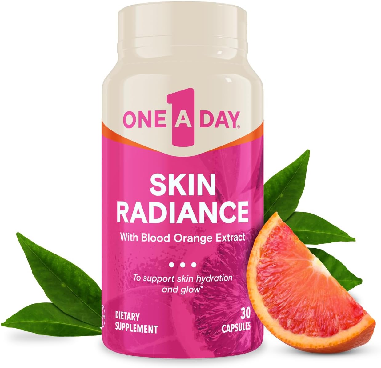 One A Day Skin Radiance, Skin Supplement to Support Hydration & Glow with Blood Orange Extract & Collagen Health with Vitamin C & Vitamin E, 30 Capsules