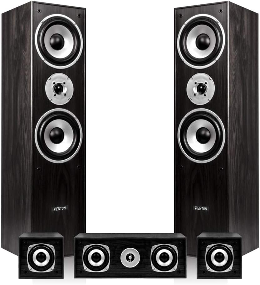 Fenton 5.0 Black Surround Sound Speakers Set - 1150W Home Cinema Speakers, Surround Sound for TV, Hi-Fi Home Cinema Audio System - Black Wooden Tower Satellites - Hi-Fi Speaker Set