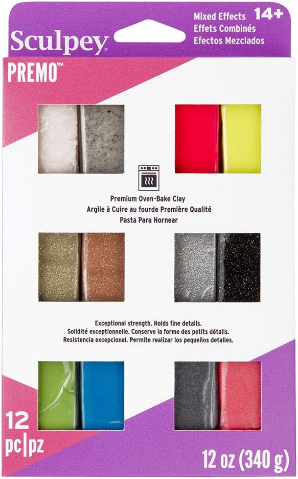 Polyform Sculpey Premo Metallics and Glitters Color sampler pack, 12 colors, Premium Polymer Oven-Bake Clay, Non Toxic, 12 oz., Great for jewelry making, holiday, DIY, mixed media andmore.
