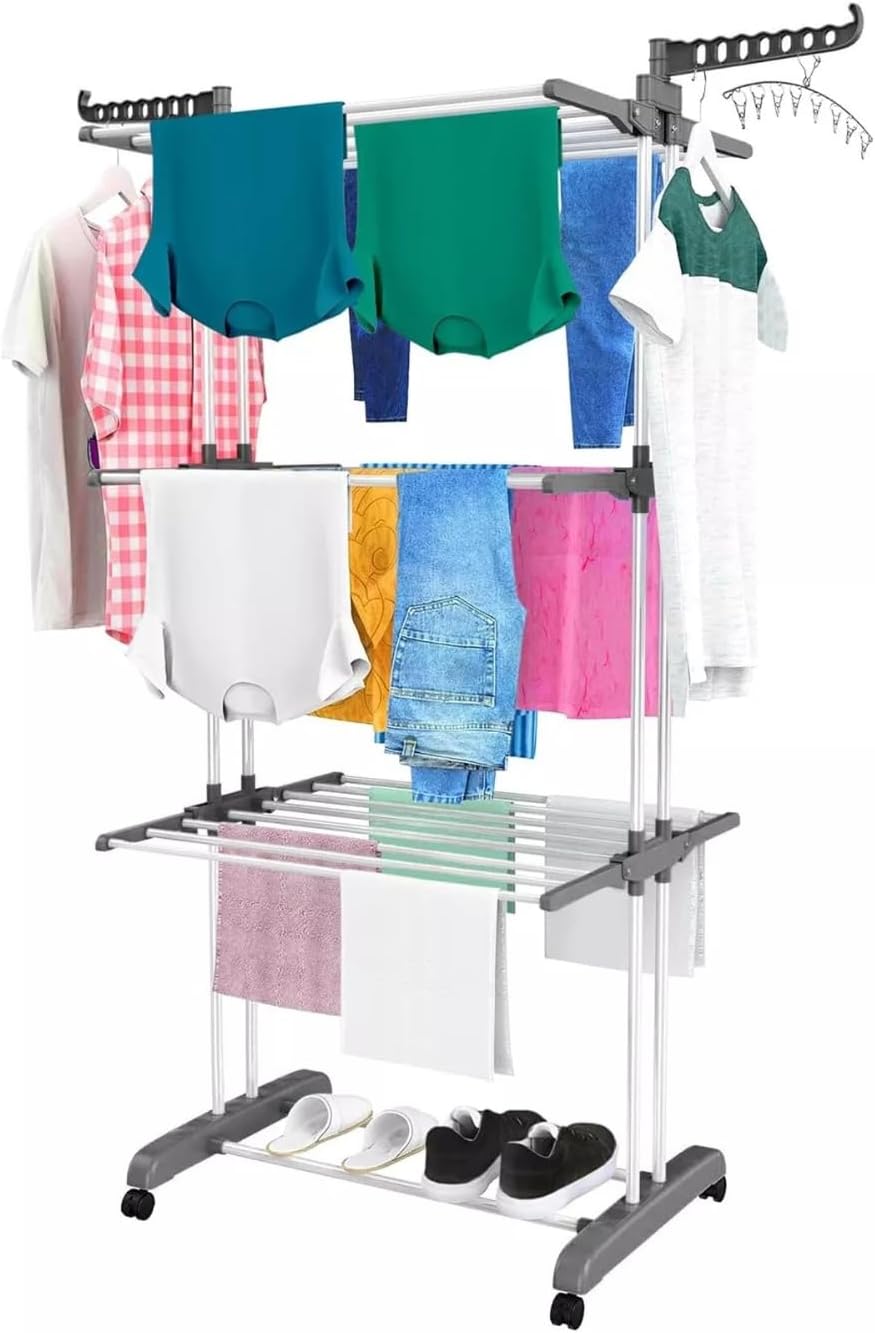 BURAKH 4-Tier Adjustable Stainless Steel Clothes Airer Drying Rack - Foldable (vertically), Rolling, Indoor & Outdoor Clothes Rail, Coat Stand, Laundry Hanging Rack