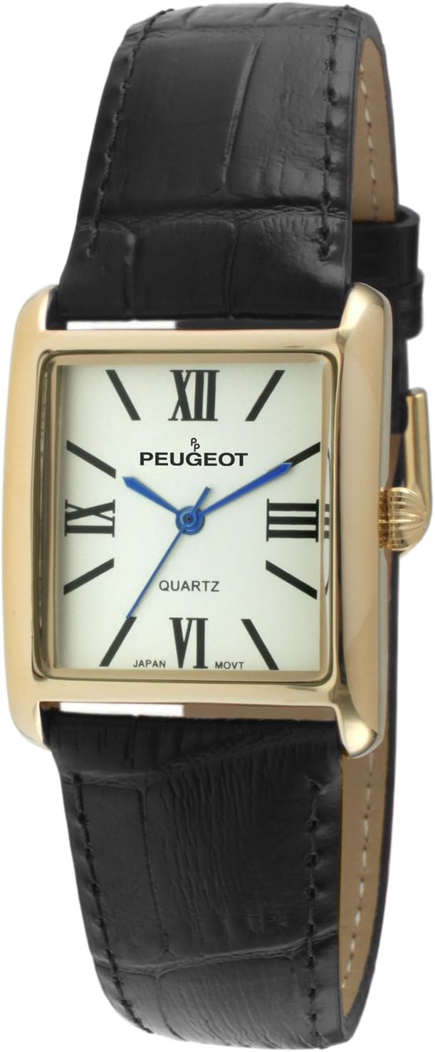 Peugeot Women's 14K Gold Plated Tank Leather Dress Watch with Roman Numerals Dial