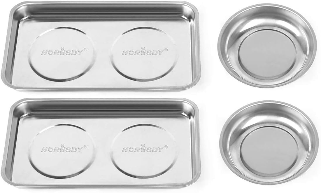HORUSDY 4-Piece Large Magnetic Parts Tray Set, Stainless Steel Heavy Duty 9.5" W x 5.5''L Square and 4.5" Round Magnetic Trays Tools Parts Tray