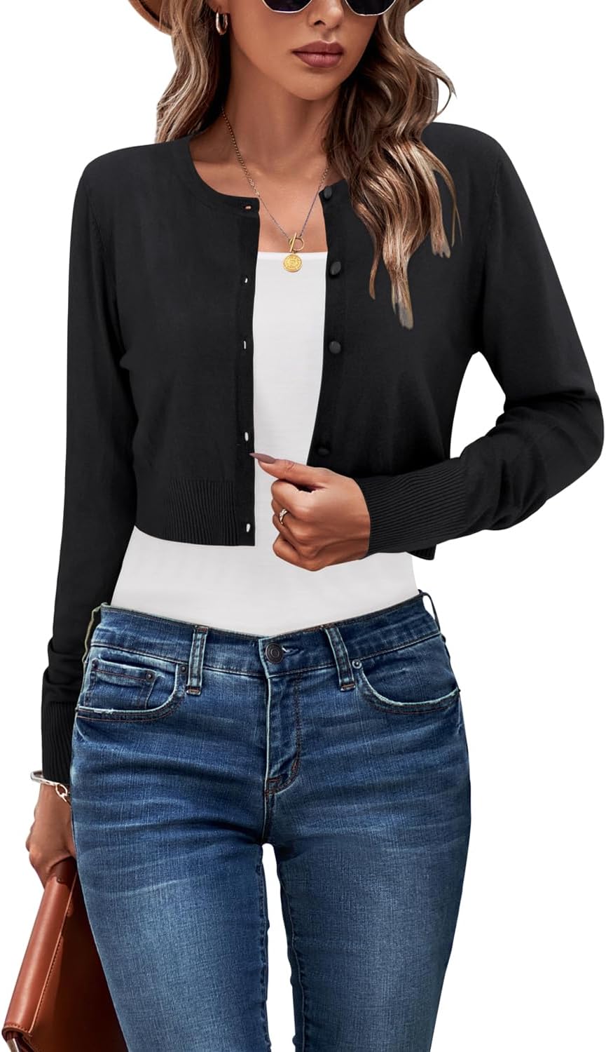 Newshows Cropped Cardigan Sweaters for Women 2024 Crew Neck Button Down Open Front Knit Bolero Shrugs