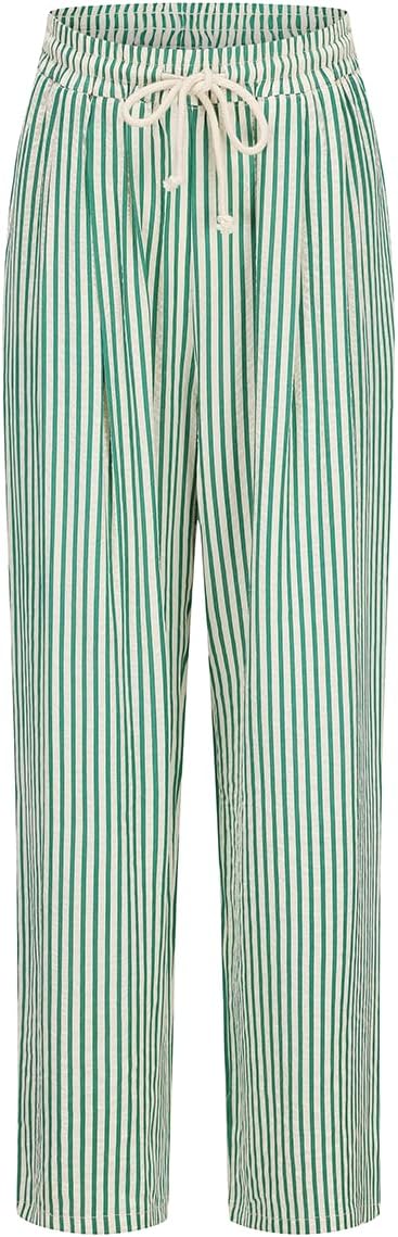 Women's Striped Wide Leg Lounge Pants Pinstripe Drawstring Lightweights Beach Trousers