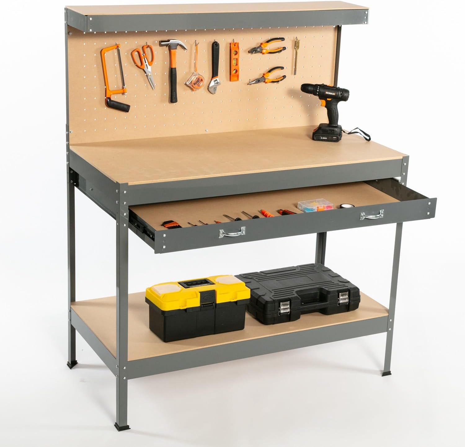 SwitZer New Grey Steel Garage Tool Box Toolbox Work Bench Workbench Storage With Drawers Pegboard and 20 Pegs Shelf DIY Workshop Station