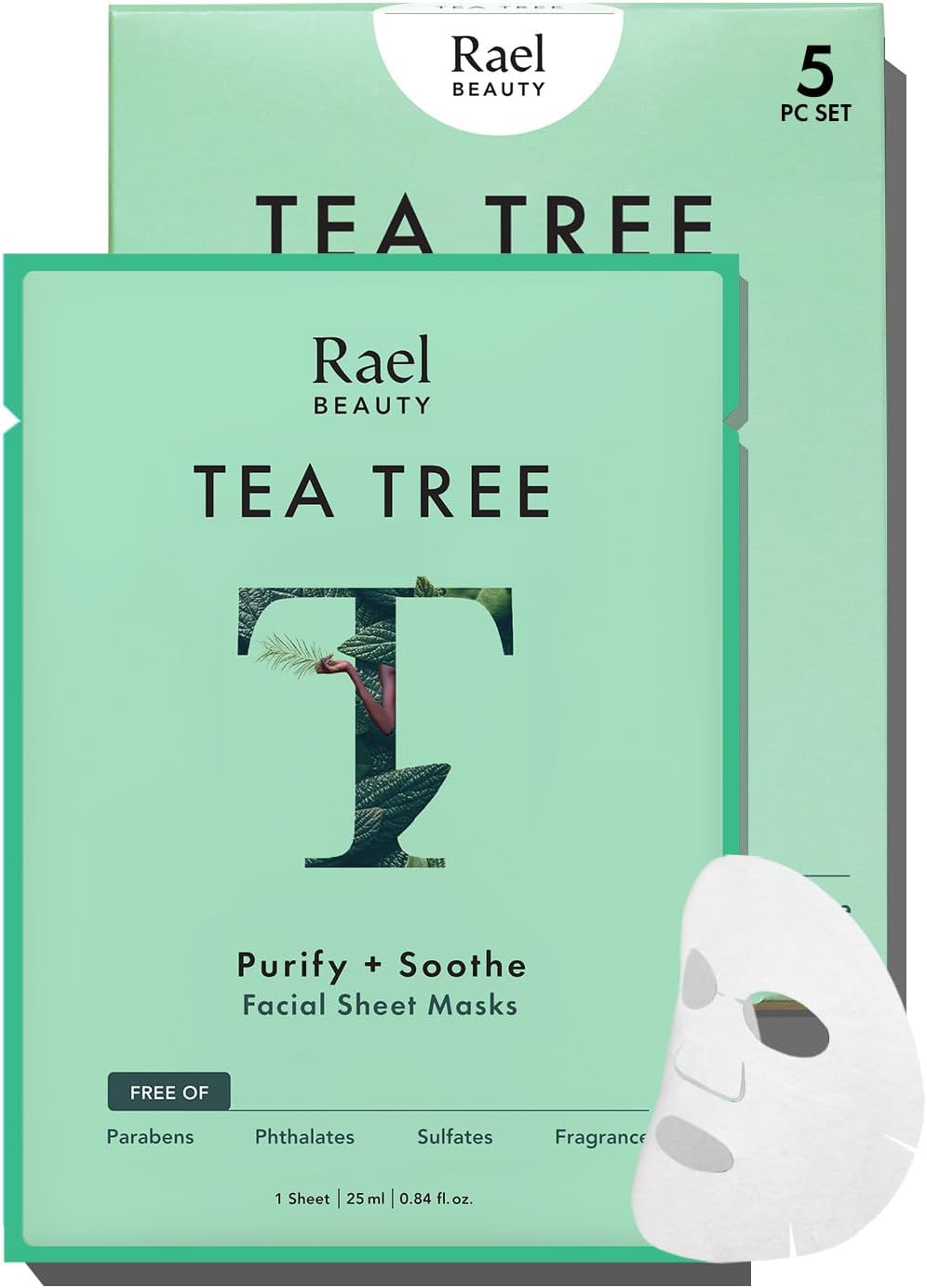 Rael Beauty Face Mask Korean Skincare - Tea Tree and Centella (Cica) Extracts, for Soothing, Super Soft Bamboo Sheet, Fragrance/PEGs Free (Tea Tree, 5 Sheets)