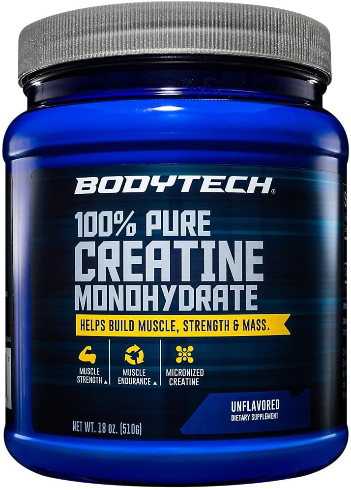 BodyTech 100% Pure Creatine Monohydrate Powder - Premium Micronized Creatine for Enhanced Muscle Strength and Performance - Supports Muscles, Recovery, and Increased Exercise (18oz/102 Servings)