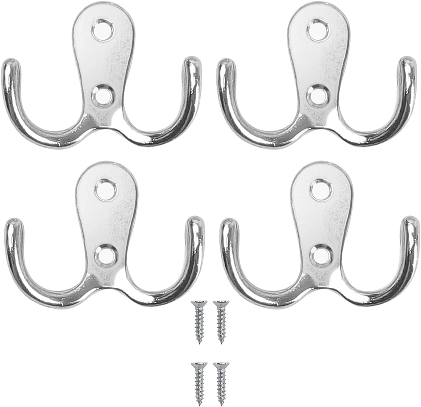 Double Prong Coat Hook Robe Hooks Dual Coat Hooks Wall Mounted Hanging Clothes Metal Door Hooks for Bathroom Bedrooms Hanging Clothes Robe Towel Kitchen (Sliver) - 4PCS