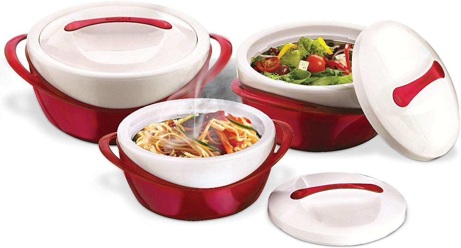 Pinnacle Insulated Casserole Dish with Lid 3 pc. set 2.6/1.25/.6 qt. Elegant Hot Pot Food Warmer/Cooler - Large Thermal Soup/Salad Serving Bowl Stainless Steel, Best Gift Set for Moms, Holidays - Red