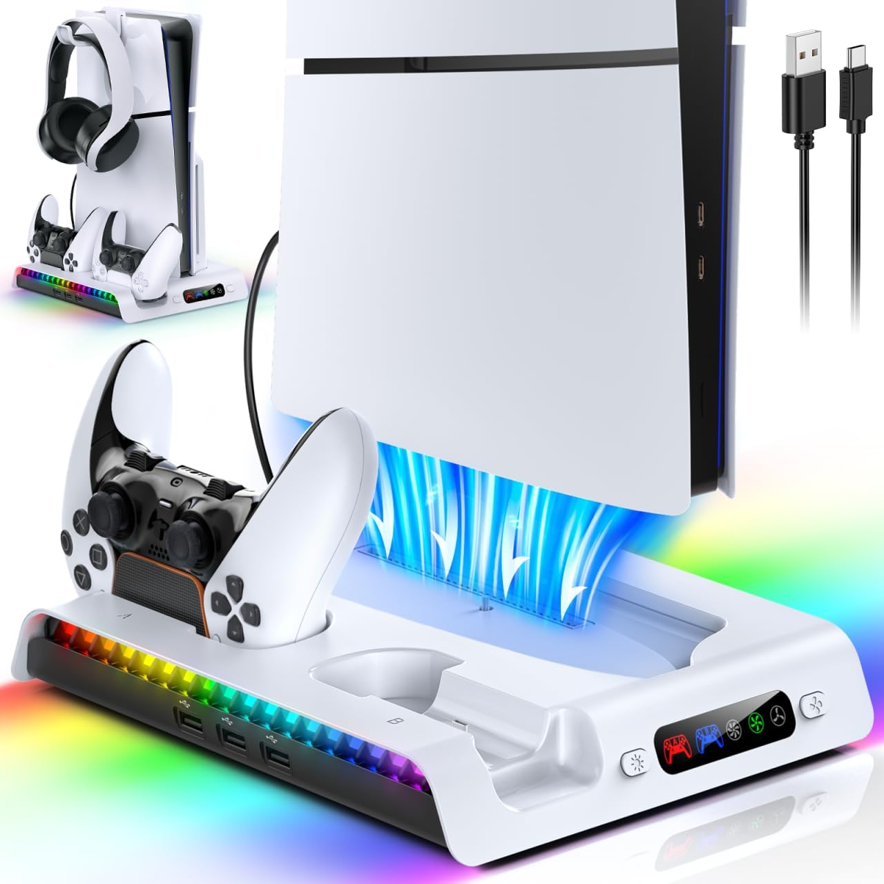 FASTSNAIL Charging Stand with Cooling Fan Only for PS5 Slim Console, Dual Controller Charger Station with 9 RGB Lights & Headset Hook & 3-Level Silent Fan, Cooler Accessories for PS5 Slim Digital/Disc