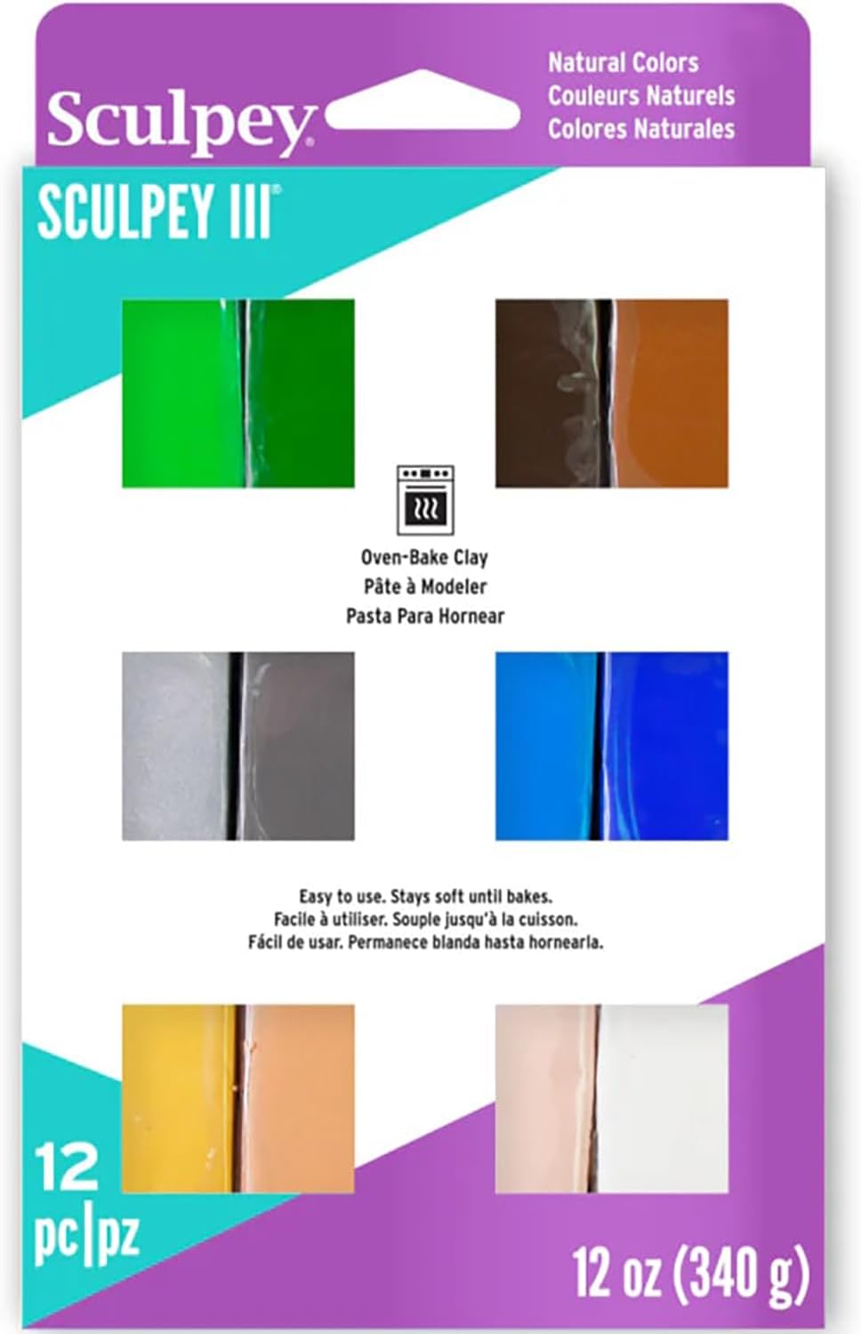 Sculpey III 12 Natural Colors of Polymer Oven-Bake Clay, Non Toxic 12 oz., great for modeling, sculpting, holiday, DIY & school projects. great for all skill levels Kids, beginners and artists!