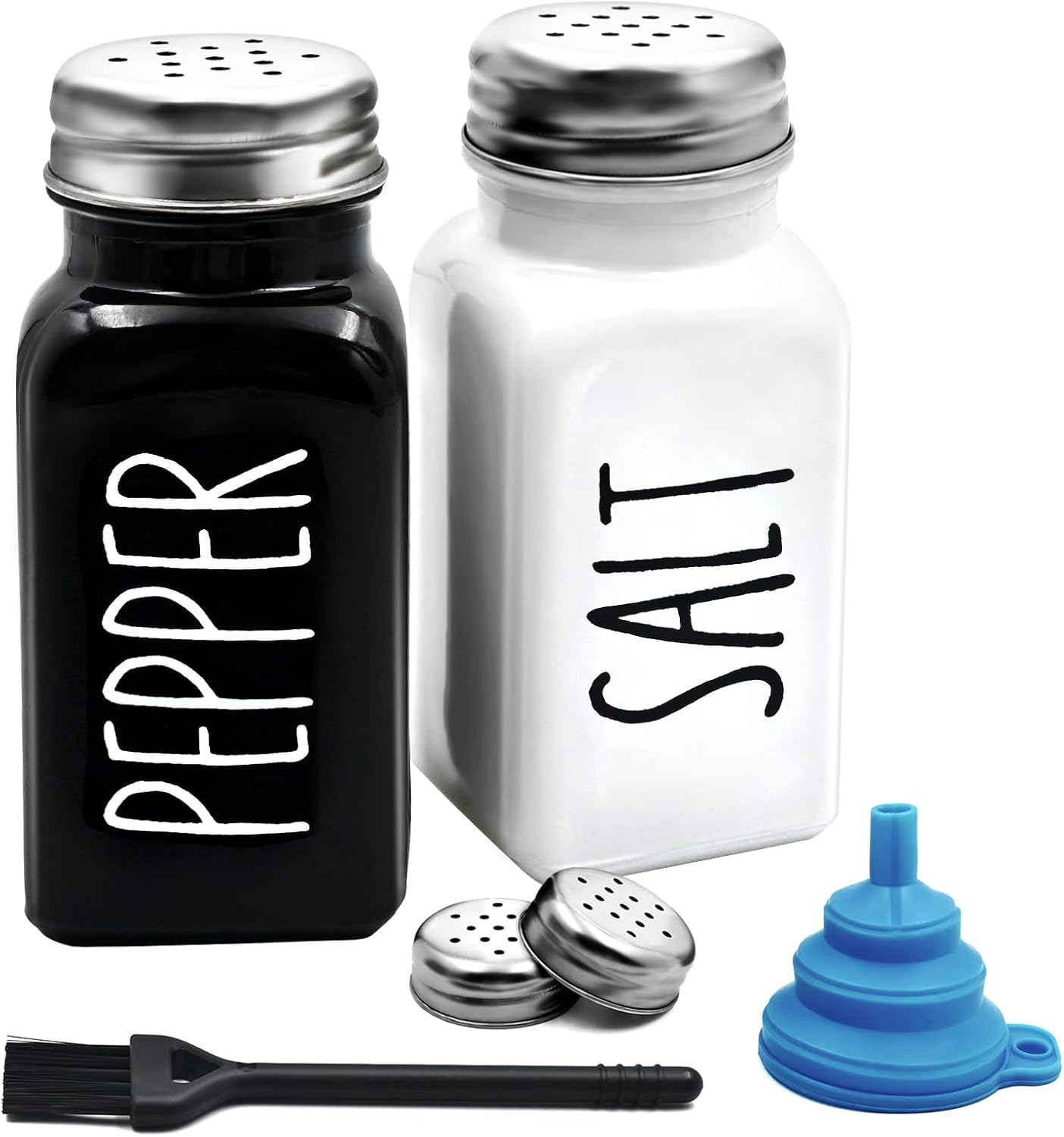 Country Salt and Pepper Shakers Set, Vintage Glass Black and White Shaker Sets, 4 Stainless Steel Lids a Cleaning Brush, 1 Funnel, Farmhouse Style Kitchen Decor for Home Restaurant Wedding
