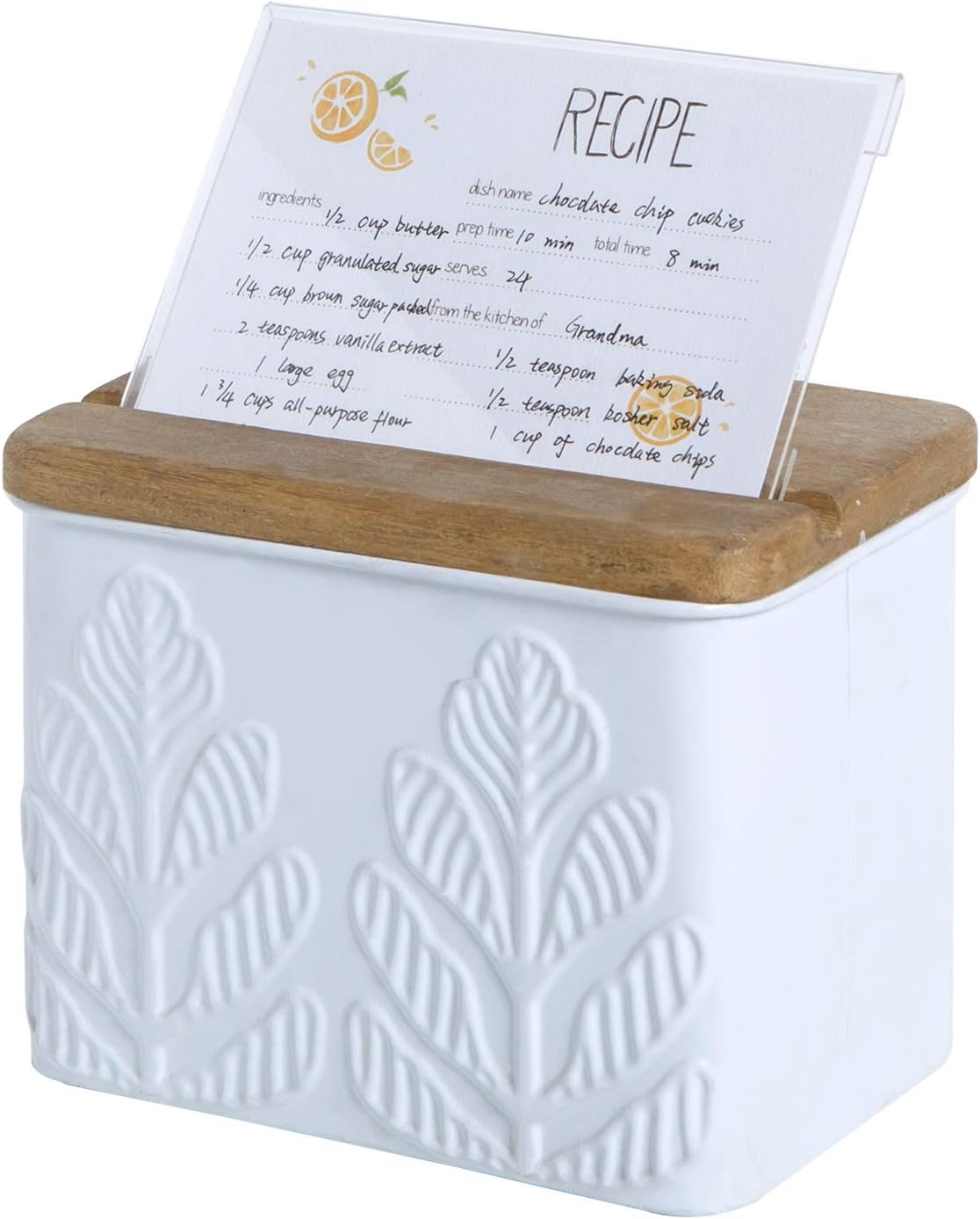 NIKKY HOME 4x6 Kitchen Metal Recipe Organization Box with Cards and Dividers, Plant Embossing Pattern
