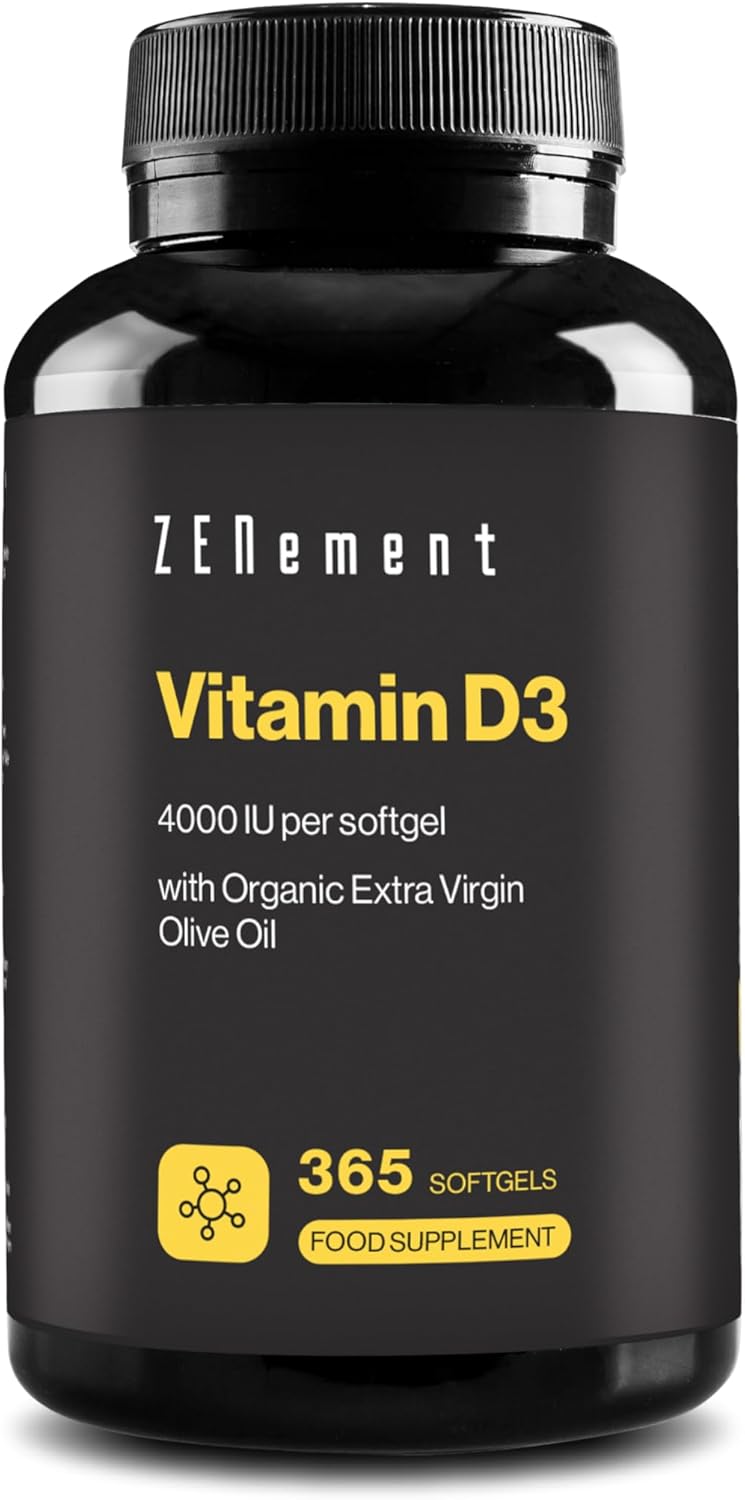 Vitamin D3 4000 IU, Full Year Supply, 365 Softgels | (Cholecalciferol), with Organic Extra Virgin Olive Oil | Bones, Muscles and Immune System | Soy Free, Non-GMO | Zenement
