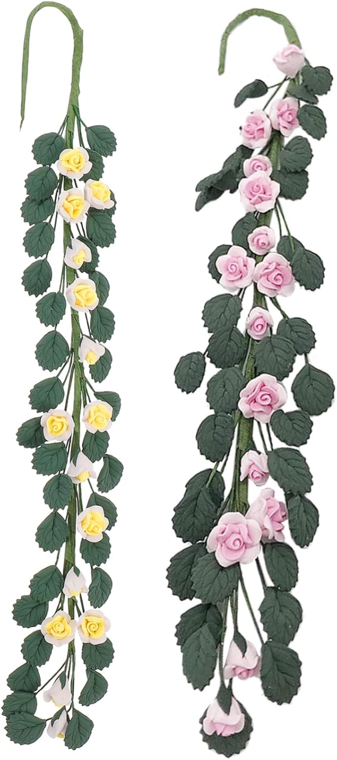 2pcs Miniature Simulation Rose Flower Garland Ornaments for Dollhouse Mini House Decor DIY Craft Tabletop Decoration with Realistic Yellow Pink