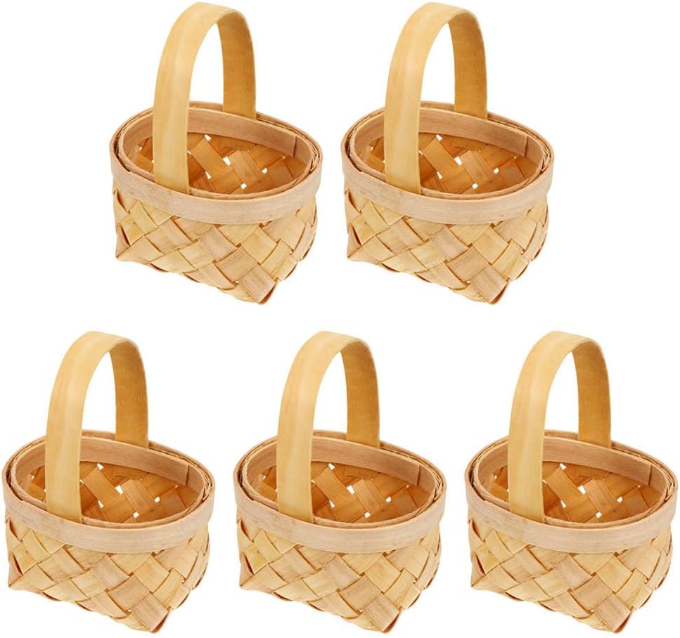 Amosfun 5pcs Mini Woven Baskets with Handle, Tiny Basket for Dollhouse Decoration, Farmhouse Natural Candy Box for Wedding, Baby Shower, Birthday (5x3.5x3.5 cm)