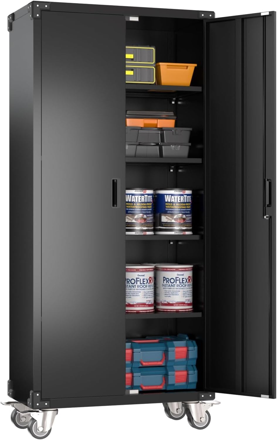 Aobabo Garage Storage Cabinet with Wheels,72" H Metal Storage Cabinet with 2 Doors and 4 Adjustable Shelves for Garage Home Storage, Black,Required-Assembly