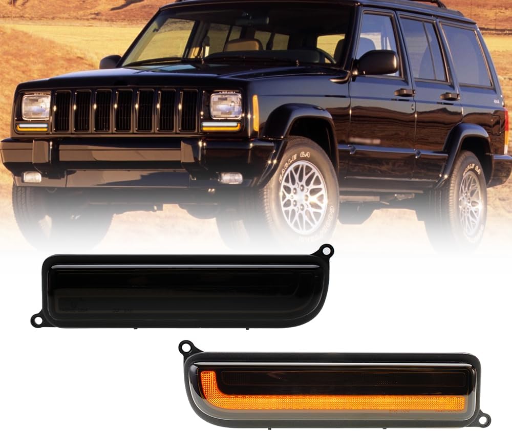 NJSBYL LED Front Corner Marker Light for 1997-2001 J.eep Cherokee XJ Switchback Amber Sequential Turn Signal Lamp Dynamic DRL Driving Fog Light Smoked Lens direct Replace OEM 55055142