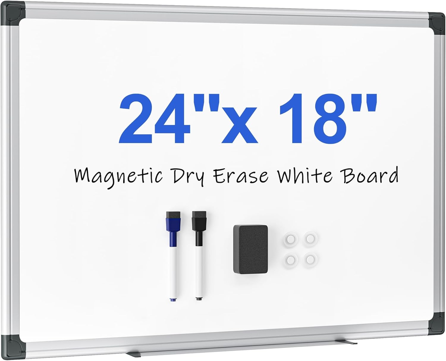 Magnetic Dry Erase Board 24 x 18 for Wall, Whiteboard for School, Classroom, Study & Home Office – Silver Aluminum Frame with 2 Markers, 4 Magnets & Eraser