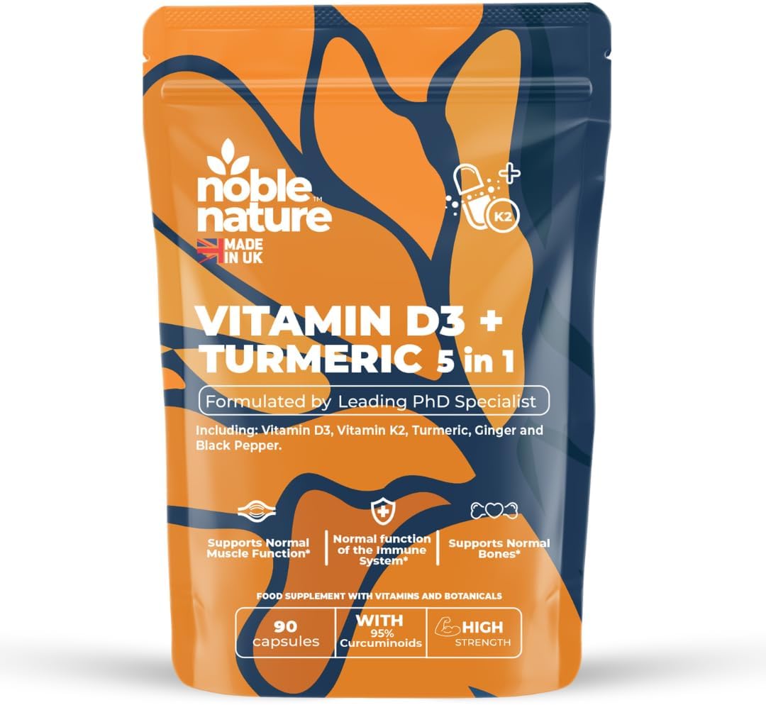 Vitamin D3 4000IU + K2 MK7 100µg with Turmeric, Ginger & Black Pepper – High Strength 5-in-1 Formula – 90 Capsules (45 Day Supply) – UK Made Supplement with 95% Curcuminoids (90)