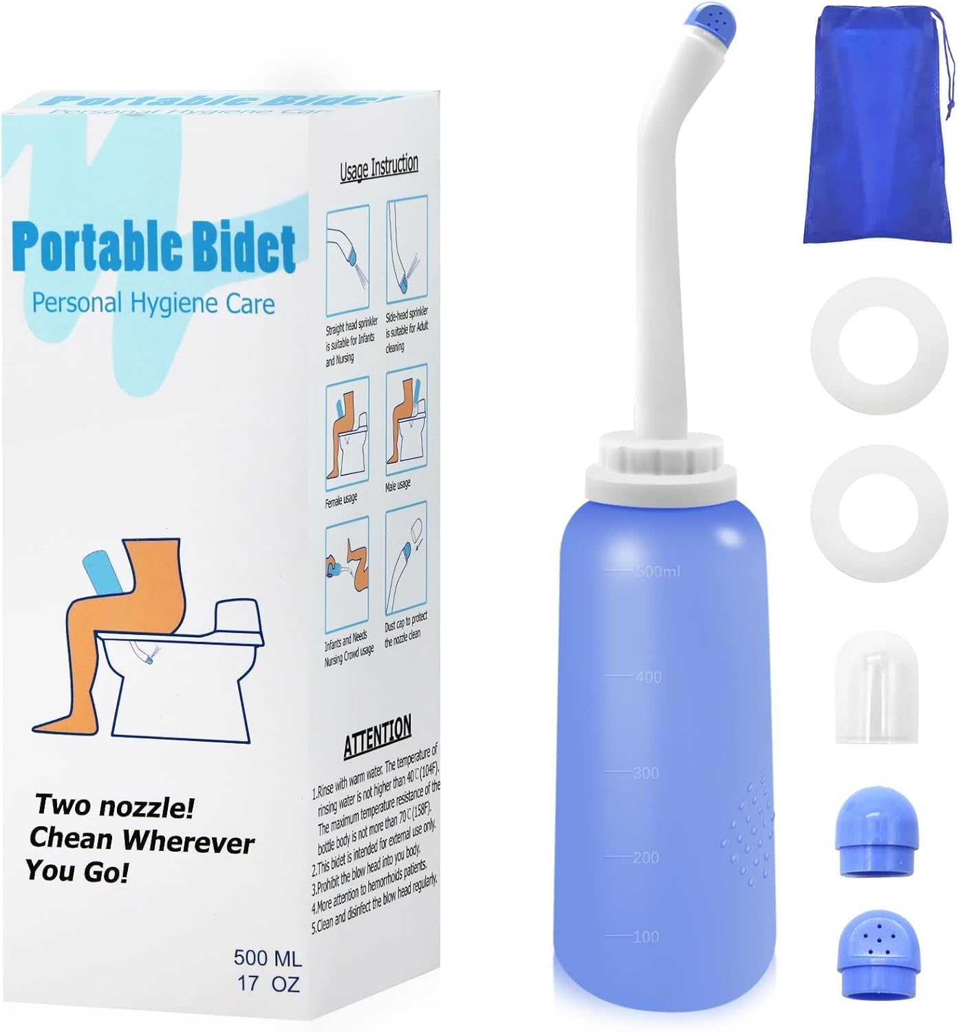 RUFCRIL Portable Travel Bidet with Carry Bag, TPE Material for High Temperature Resistance, 500ml Capacity with 2 Sealing Rings, Essentials for Postpartum Perineal Care,Hemorrhoid Treatment(Blue)
