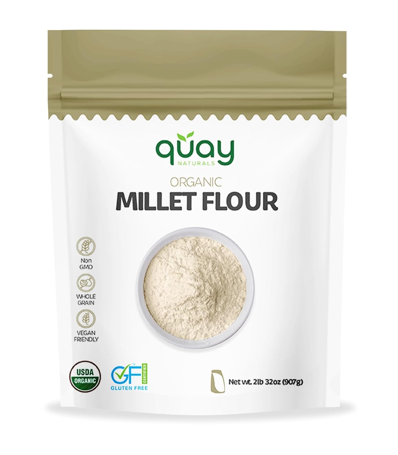 Quay Naturals Organic Millet Flour 2lbs | Fine Stone-Ground, Gluten-Free, Non-GMO, Whole Grain | Ideal for Baking & Cooking | Vegan & Paleo Friendly | Rich in Fiber & Protein
