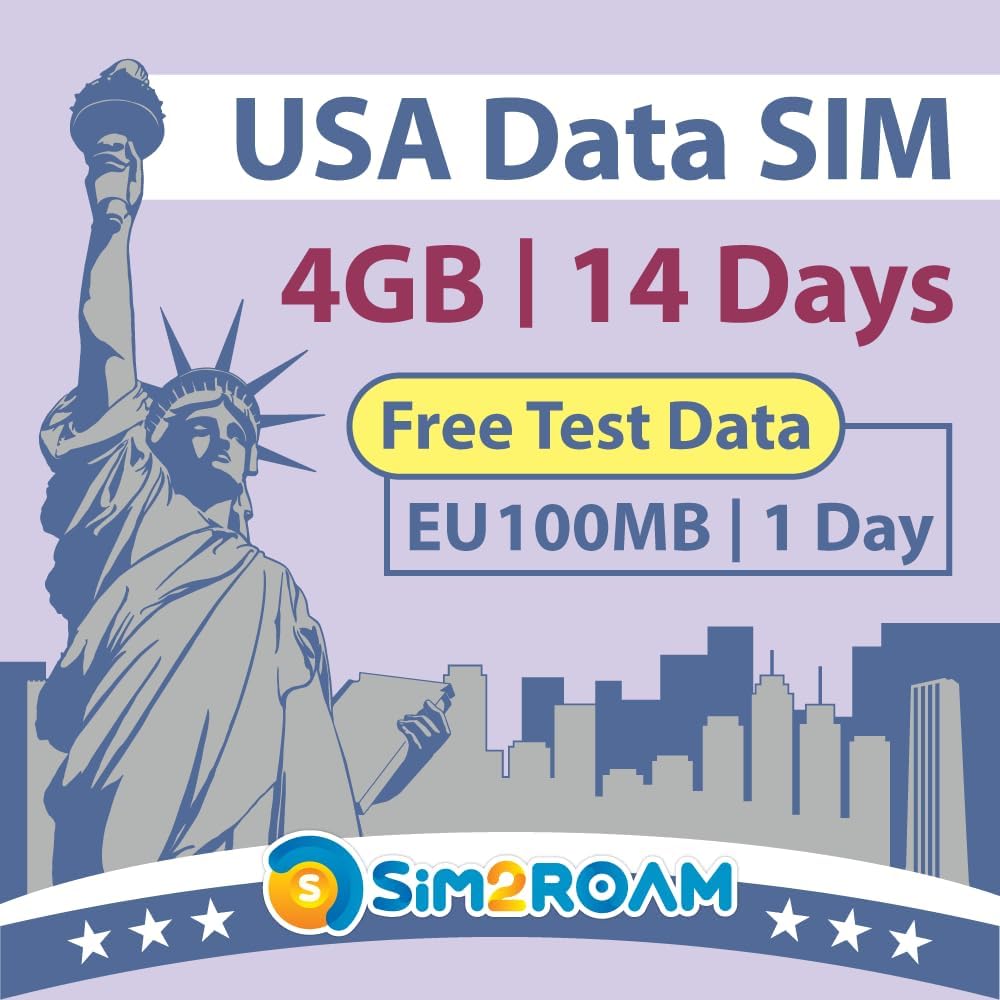 USA SIM Card 14 Days | 4GB 5G LTE Internet | FREE Test 100MB/1Day in Europe | Travel SIM | Dual Local USA Carriers, AT&T & T-Mobile | Prepaid