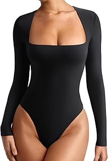 REORIA Women's Basic Lightweight Layering Sexy Slim Square Neck Long Sleeve Bodysuit Tops